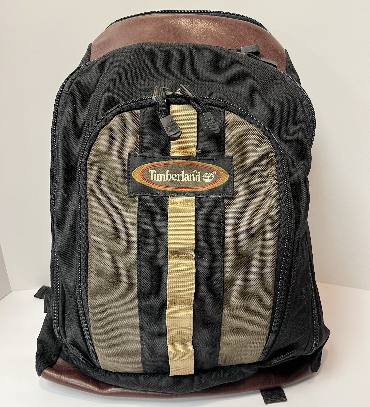 Vintage Timberland Leather Canvas Backpack School Black Brown
