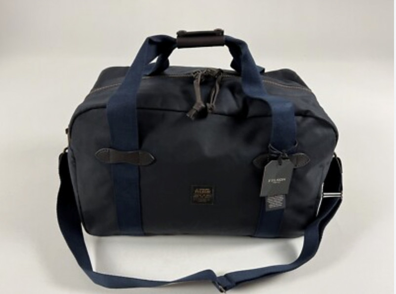 Filson Tin Cloth Duffle Bag Small Tan Navy Waxed Cotton Canvas Bridle Leather