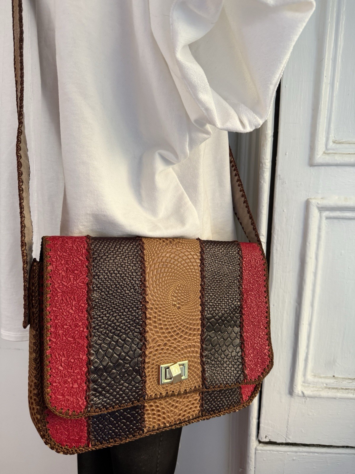 Boho Patchwork Embossed Leather Crossbody Snake Texture Artisan Shoulder Purse