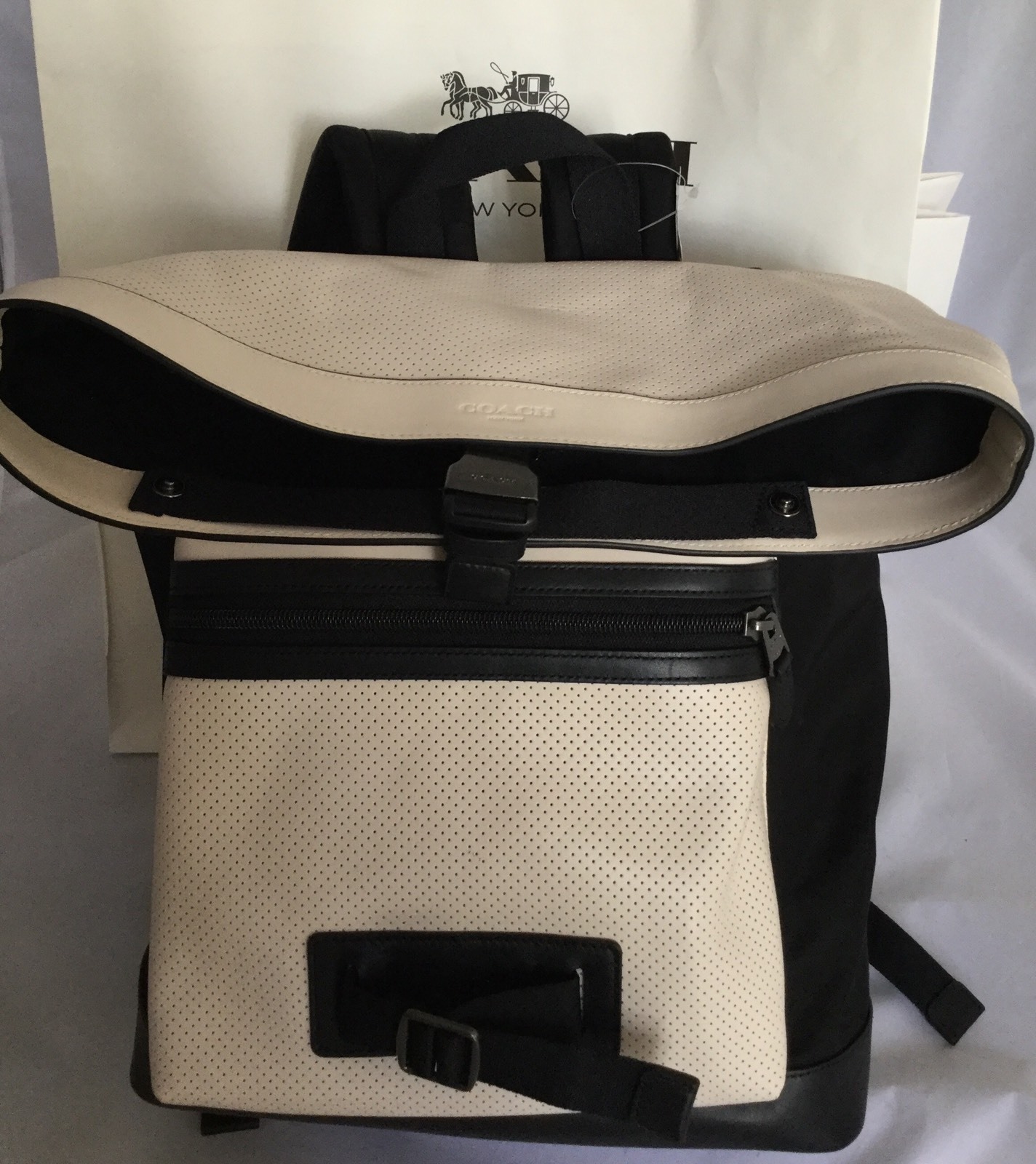 COACH F56662 Explorer Back Pack Perforated Mixed Materials Chalk/Black NWT