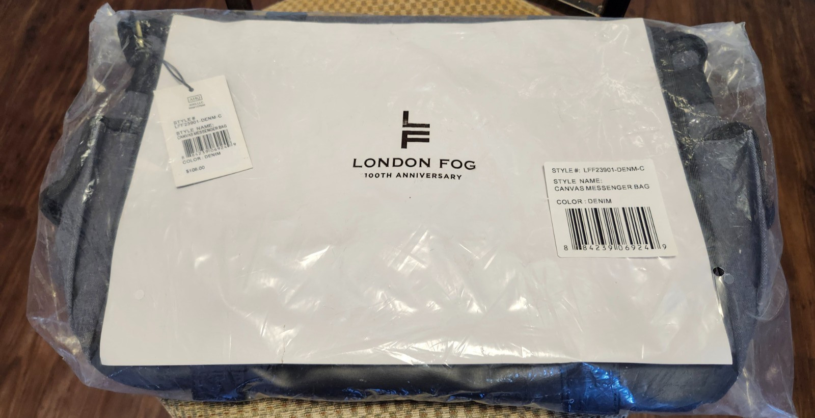 London Fog Collection Denim Canvas Messenger Bag, NWT Gray with Black Trim