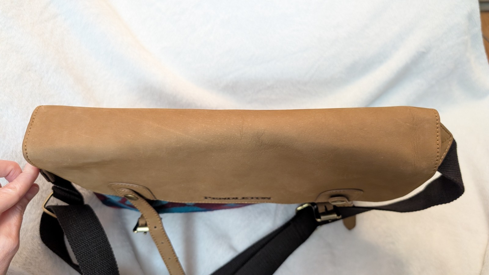 Vtg Pendleton Leather blue red wool Messenger Laptop Bag crossbody EUC