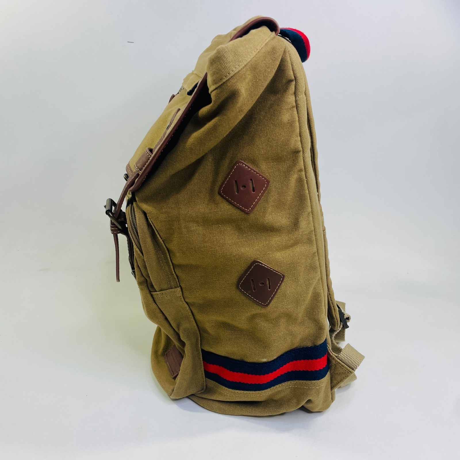 Tommy Hilfiger Canvas Rucksack Backpack Khaki Tan Brown Leather Trim Laptop Bag