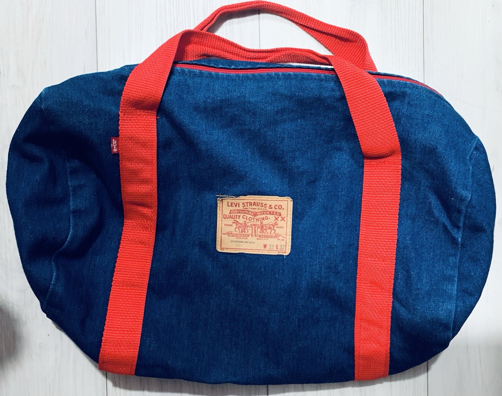 Levi’s 501 XX Denim Duffel Weekender Bag 18″ Red Webbing YKK Zipper Rare EUC