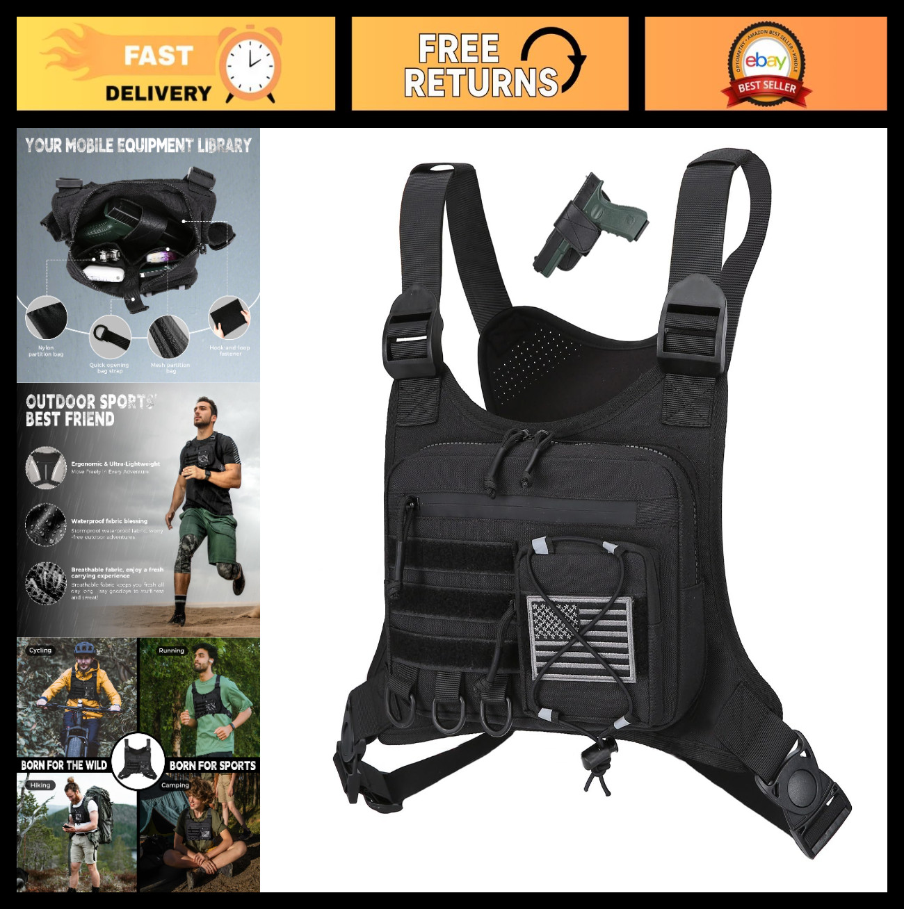 Outdoor Sports Chest Bag for Men – EDC Travel Vest Holster for Running & Hiking