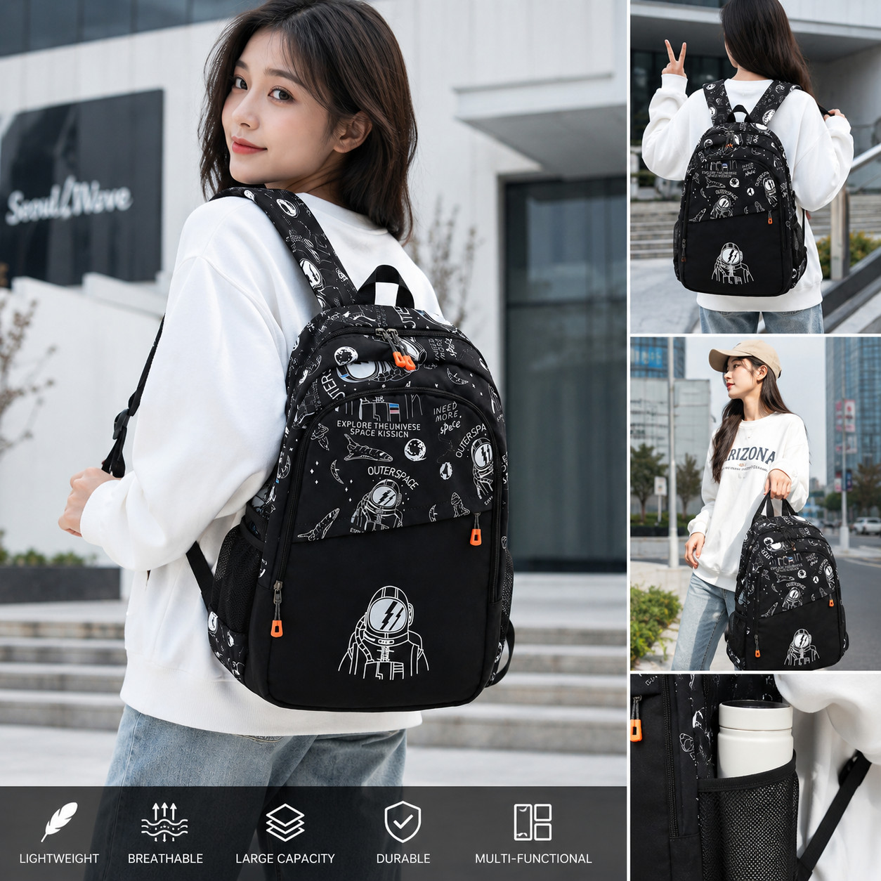Boys Large School Backpack Astronaut Space 18″ Laptop Bag Lightweight Black