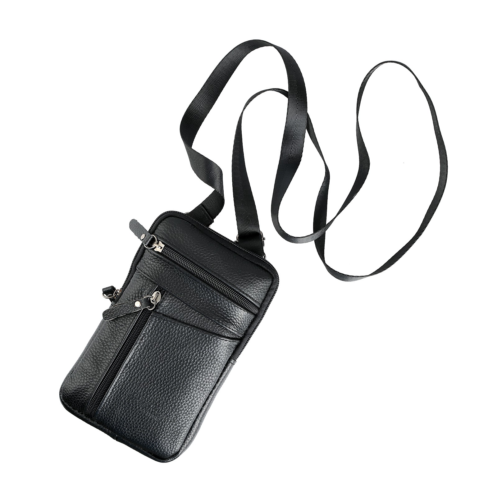 Men Leather Belt Bag Fashion Crossbody Phone Waist Pack 3-Zip Pouch Black/Brown