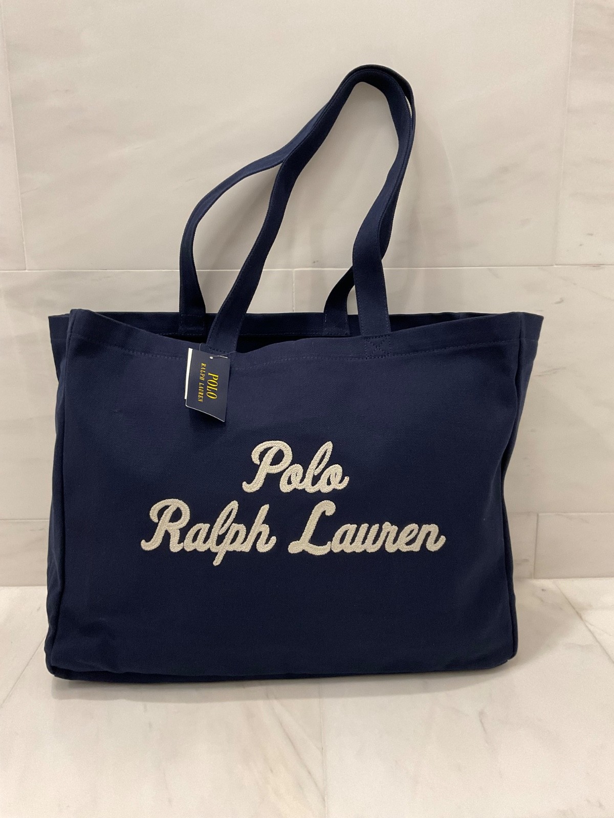 NWT Polo Ralph Lauren NAVY BLUE Cotton Chain Stitch Embroidered Canvas Tote Bag