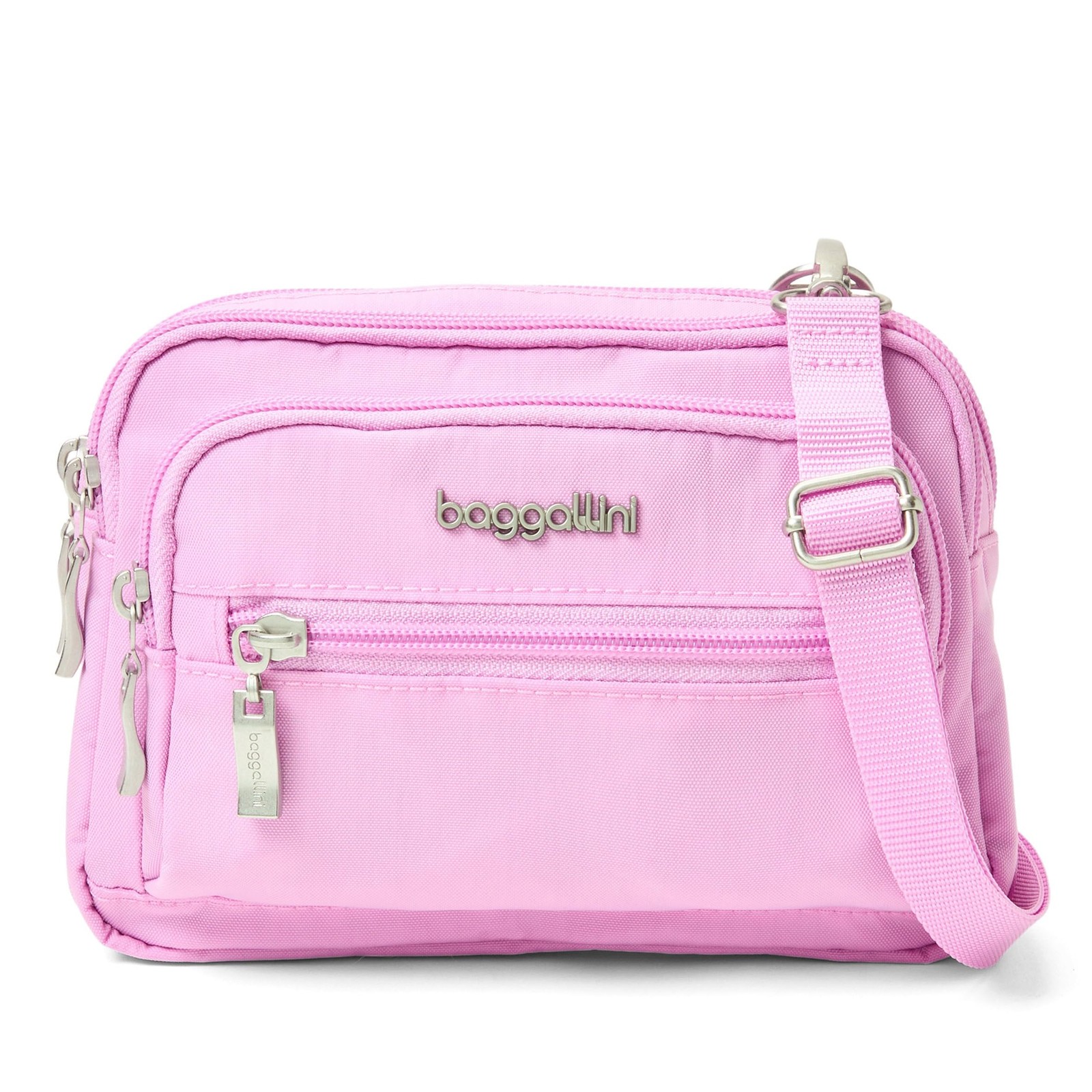 Baggallini Triple Zip Small Crossbody Bag for Regular Strap, Hibiscus Pink