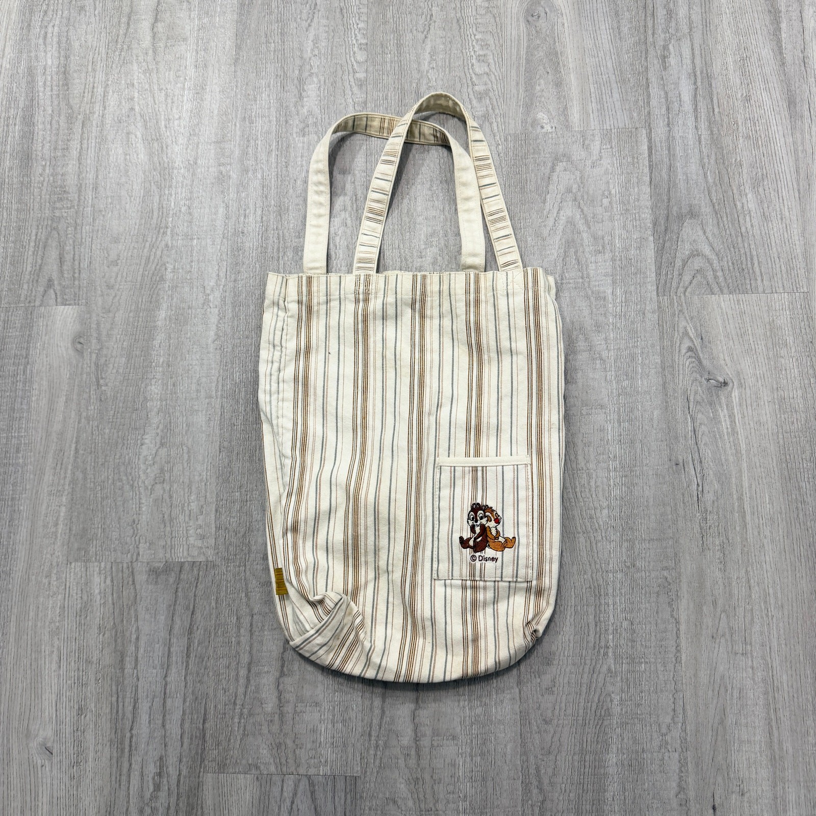 Vintage Disney Chip ‘n Dale Tote Bag Beige Striped 90s Canvas 12×16 Embroidered