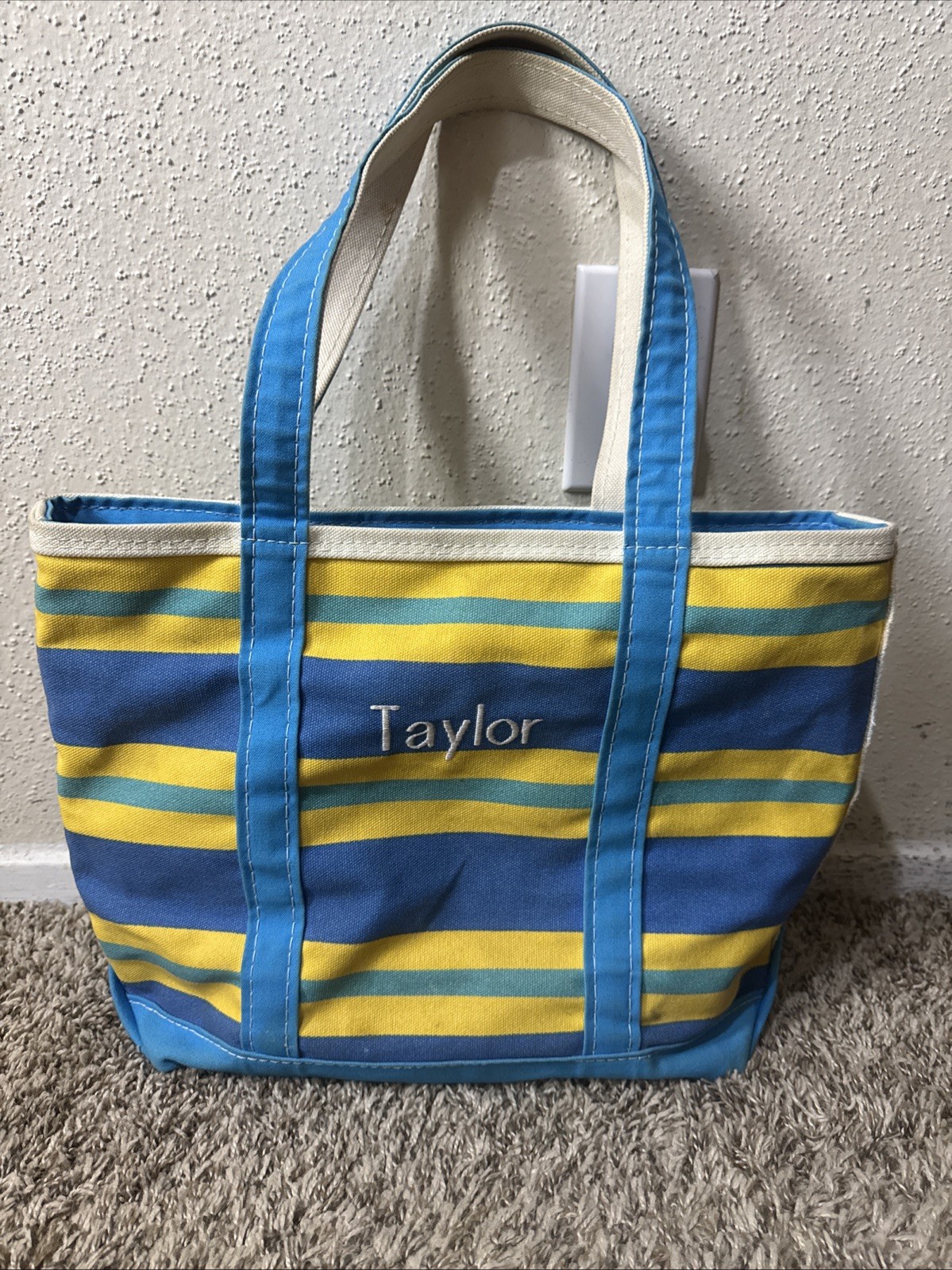 Vintage LL BEAN Tote Canvas Bag Striped Blue & Yellow Long Handle Zipper Top