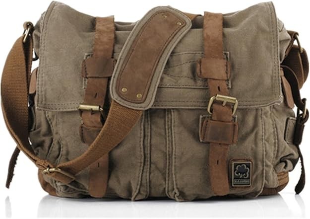 Canvas Leather Messenger Bag – Men’s Military Travel Laptop Camera Crossbody 13″