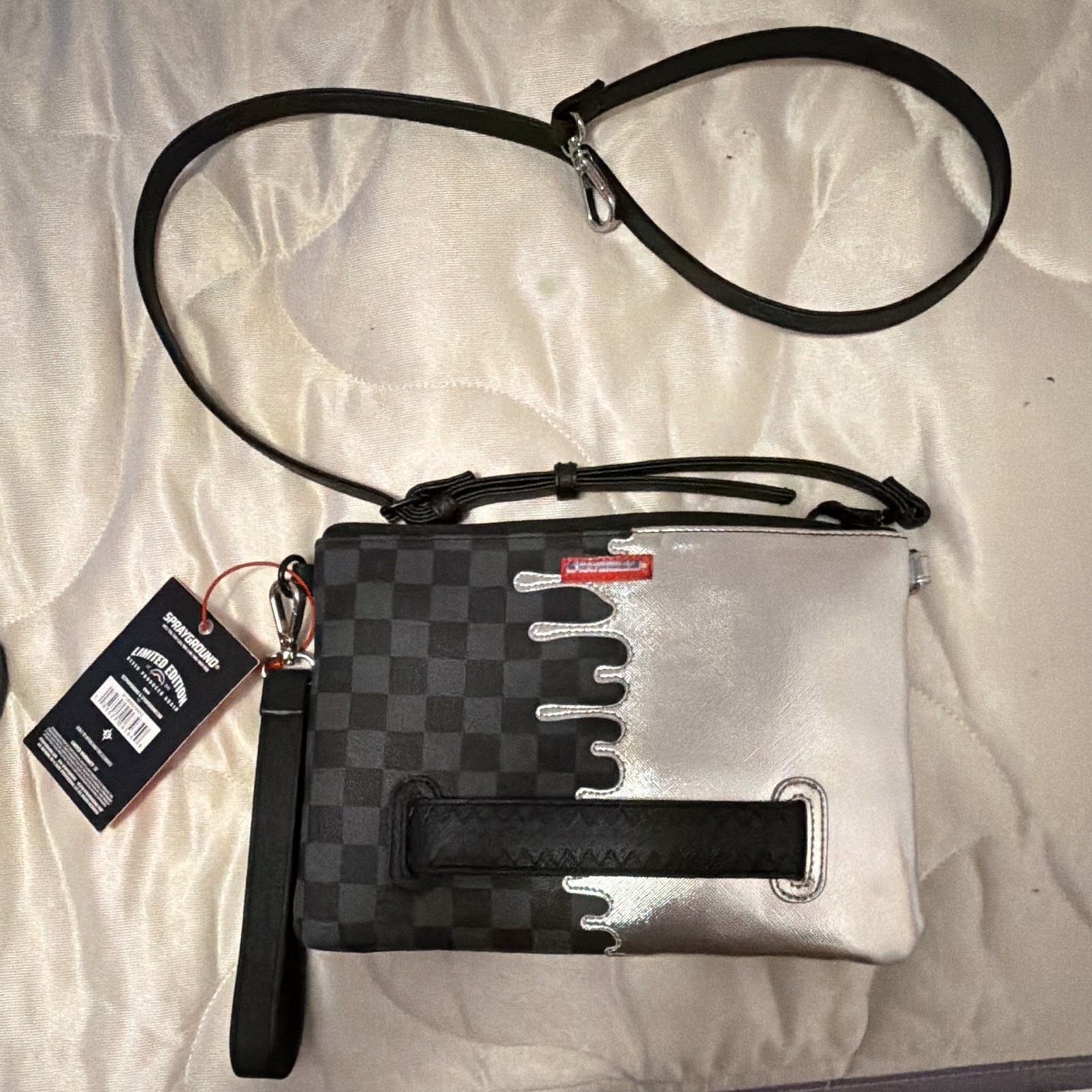 Sprayground Limited Edition Checkered Shark Mouth Crossbody Bag Silver/Black