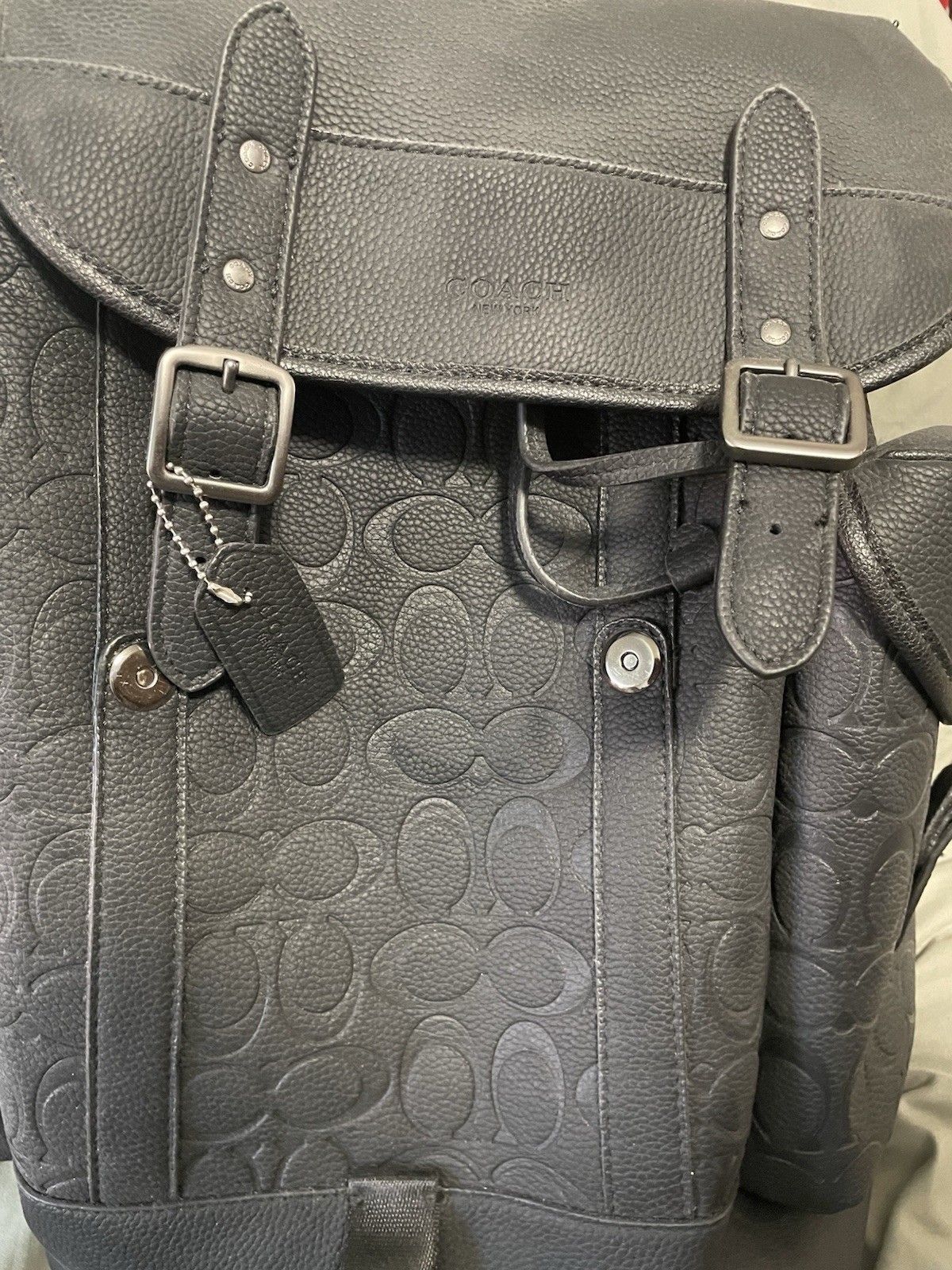 Coach Black Logo Print Men’s Backpack Drawstring & Buckle Closure Outer Pockets