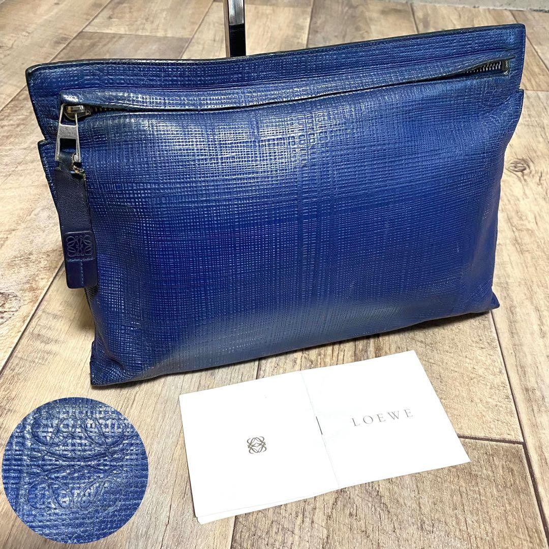 Loewe Men Bag Vintage Anagram Leather Clutch T Pouch Linen Genuine Navy Limited