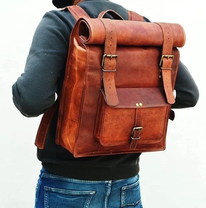 Genuine Goat Leather Roll Top Backpack Handmade Rugged Elegance Bag