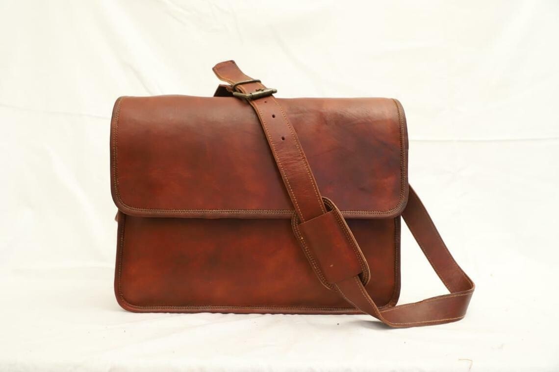 Men’s Rare Goat Leather Vintage Laptop Messenger Handmade Briefcase Bag Satchel