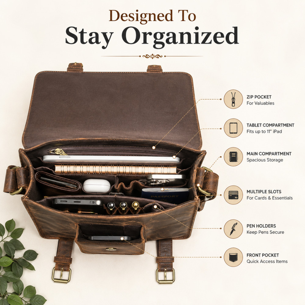 11″ Buffalo Leather Sling Bag Mens Dark Brown For iPad, Tablet Crossbody Strap
