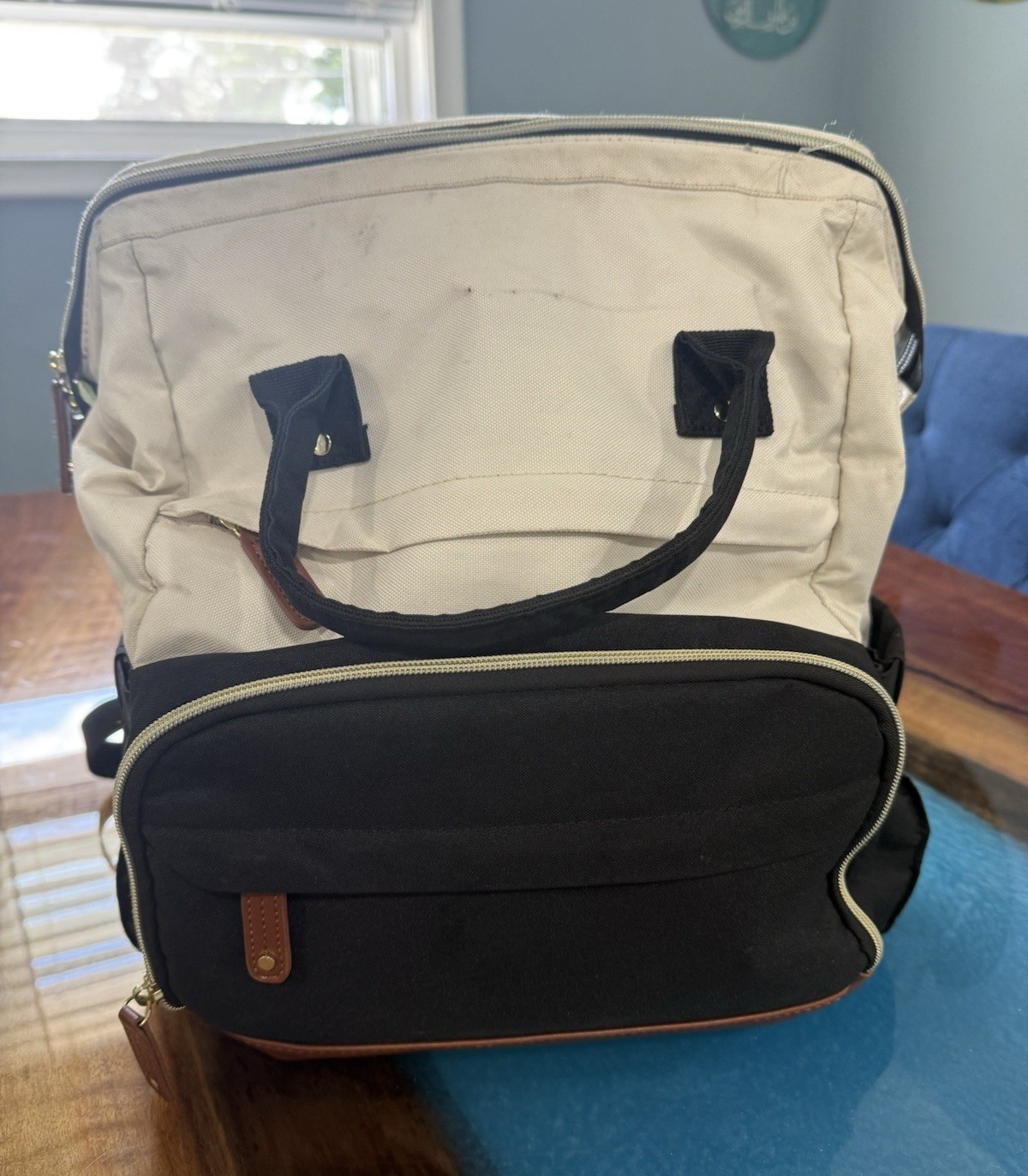 Lovevook Beige/Black Striped Backpack Zip Closure Top Handle Adjustable Strap