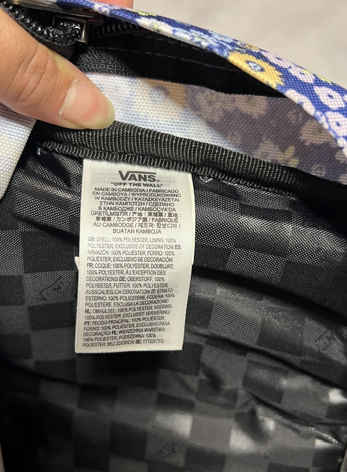 VANS Floral Backpack Blue/Yellow White Pattern Zip Closure Inner/Outer Pockets