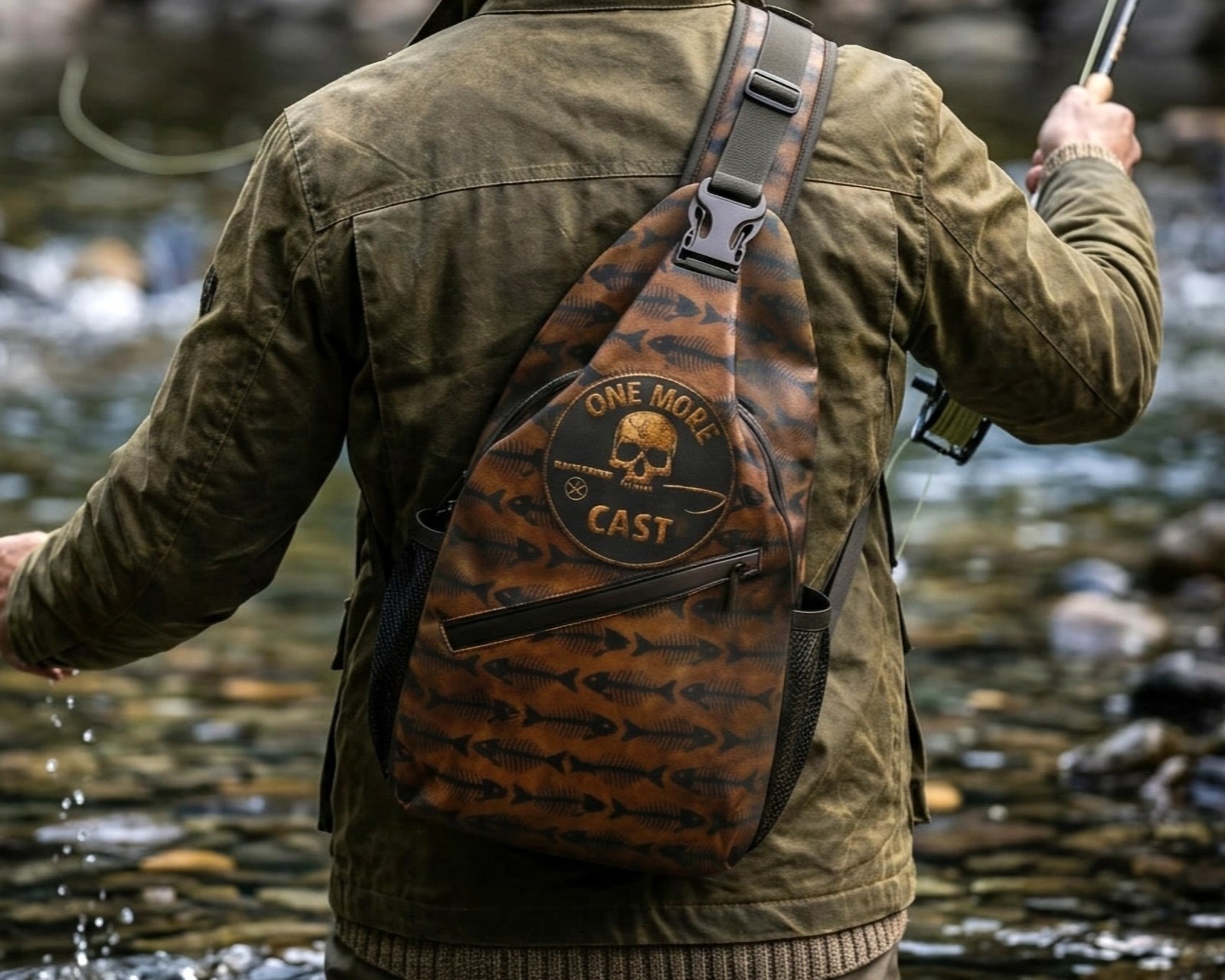 ONE MORE CAST Sling Pack – Skull & Bones Pattern – Oxford Crossbody