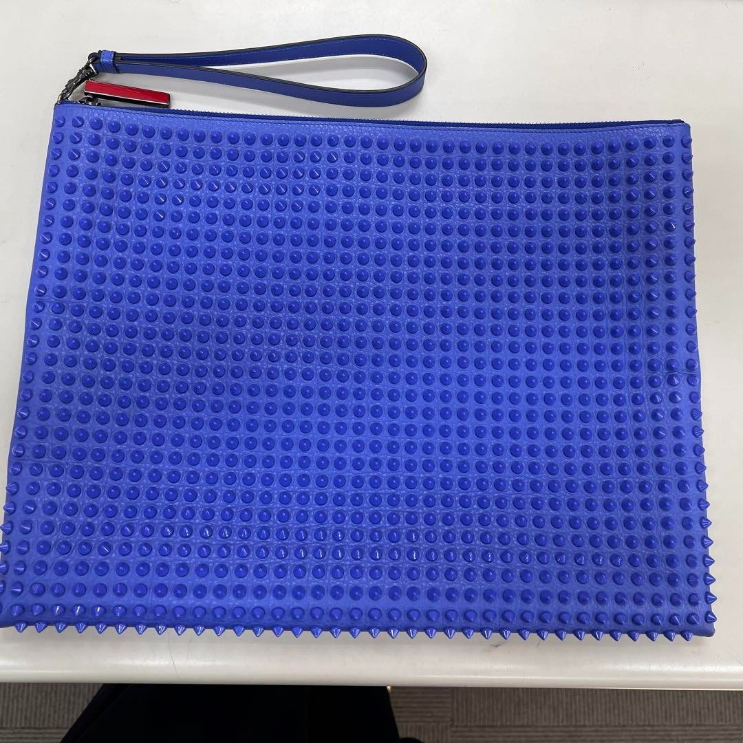Christian Louboutin Authentic Handbag Blue Clutch Bag Spike Studs Wristlet Strap