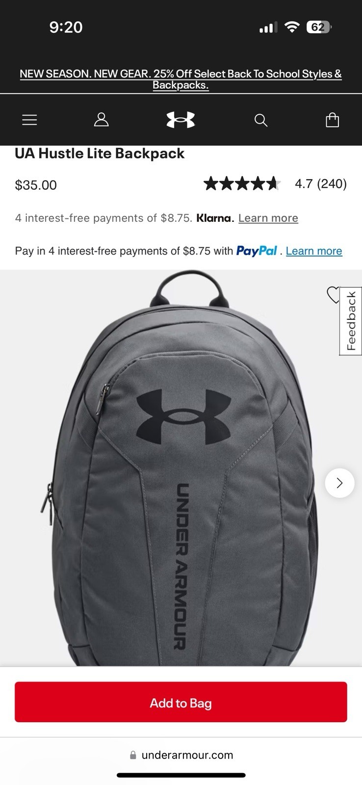 Under Armour Hustle Lite Backpack With Water Bottle Pink and White New with Tags