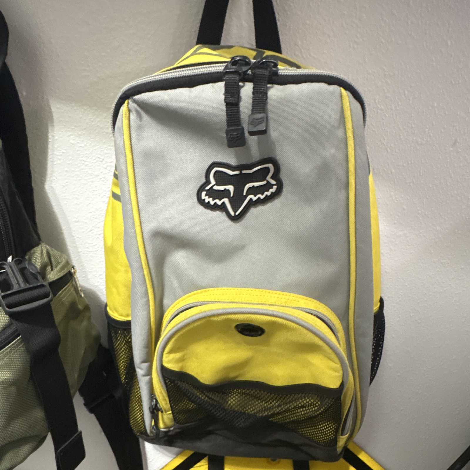 Fox Colorblock Gray Yellow Black Zip Backpack Outer Pockets Adjustable Strap