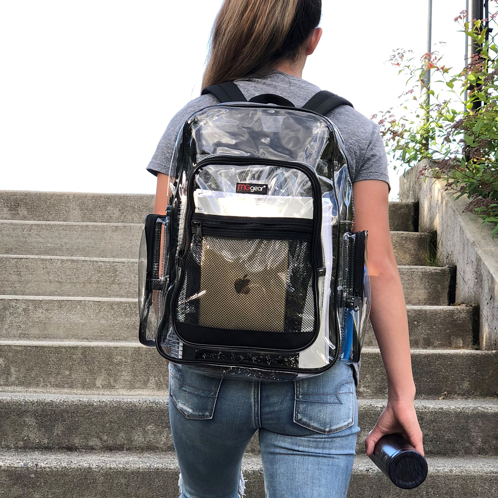 Clear Transparent PVC Multi-pockets School Backpack, Black Trim See Thru Bookbag