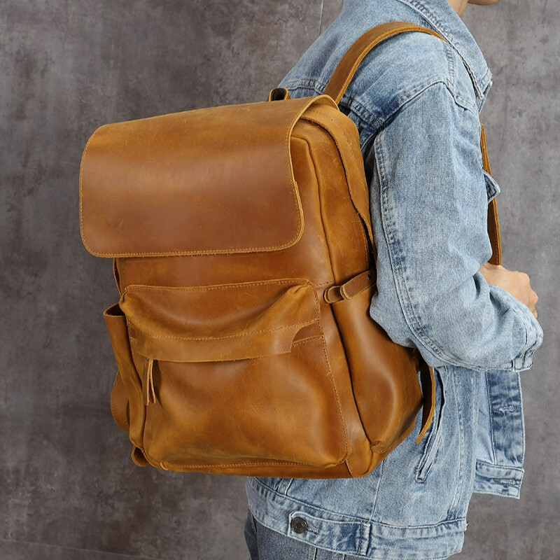 Men’s Leather Retro Large Capacity Backpack Casual Travel Bag Computer Bag