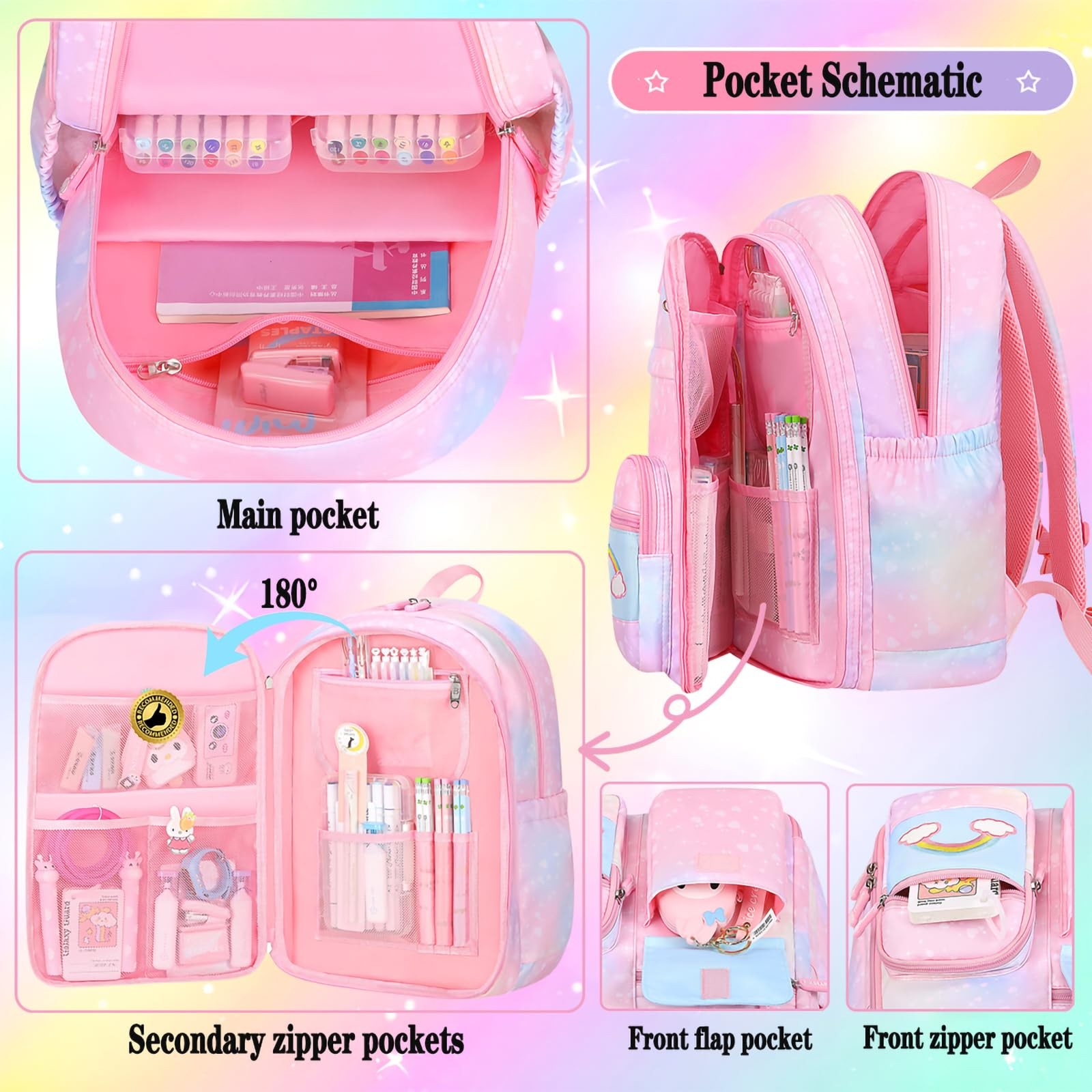 Rainbow Backpack for Girls Cute School Bag with Pen Bag Aesthetic Starry
