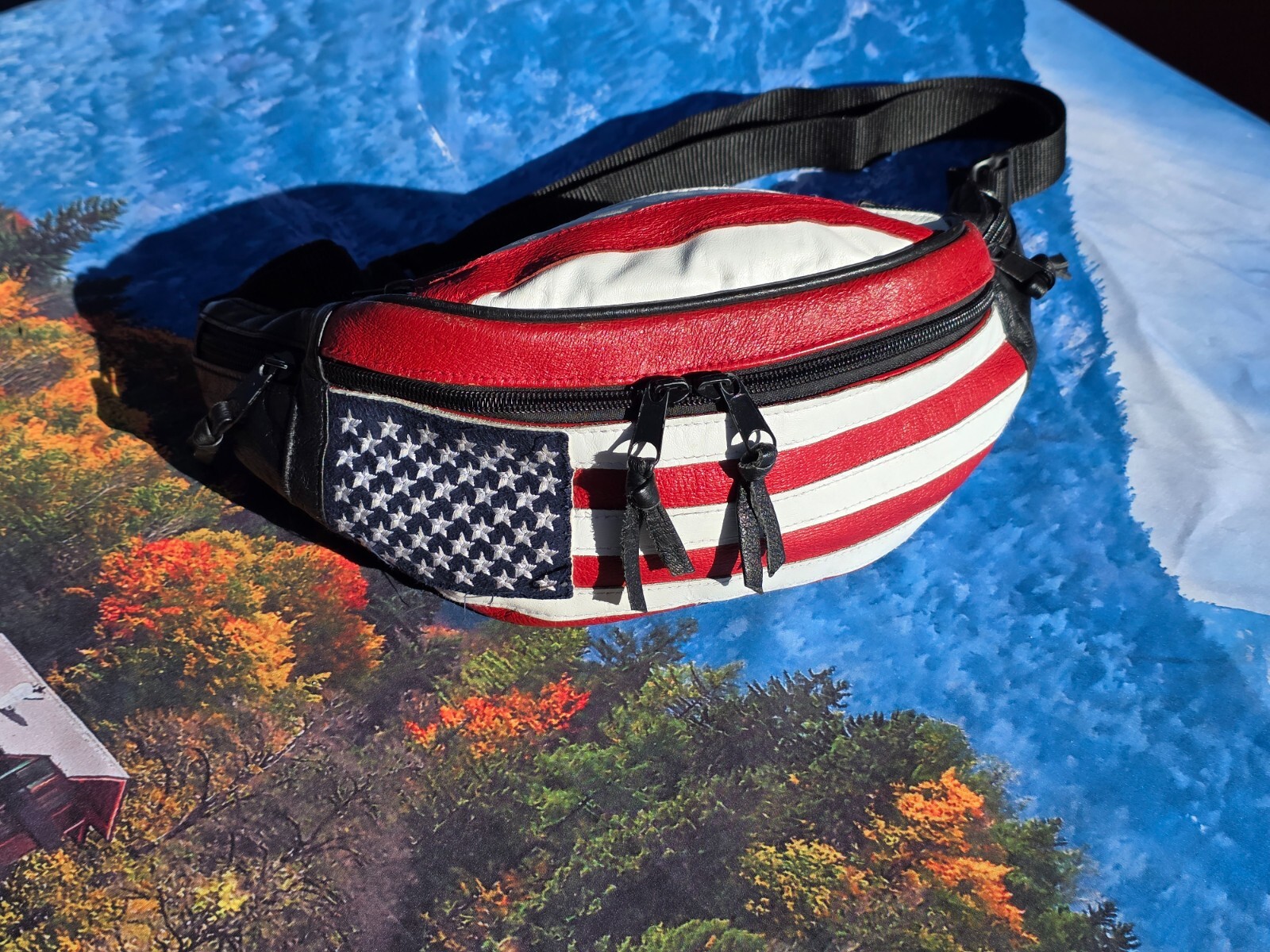 Vintage Leather zippered Fanny Pack Waist Bag American Flag 5 pockets