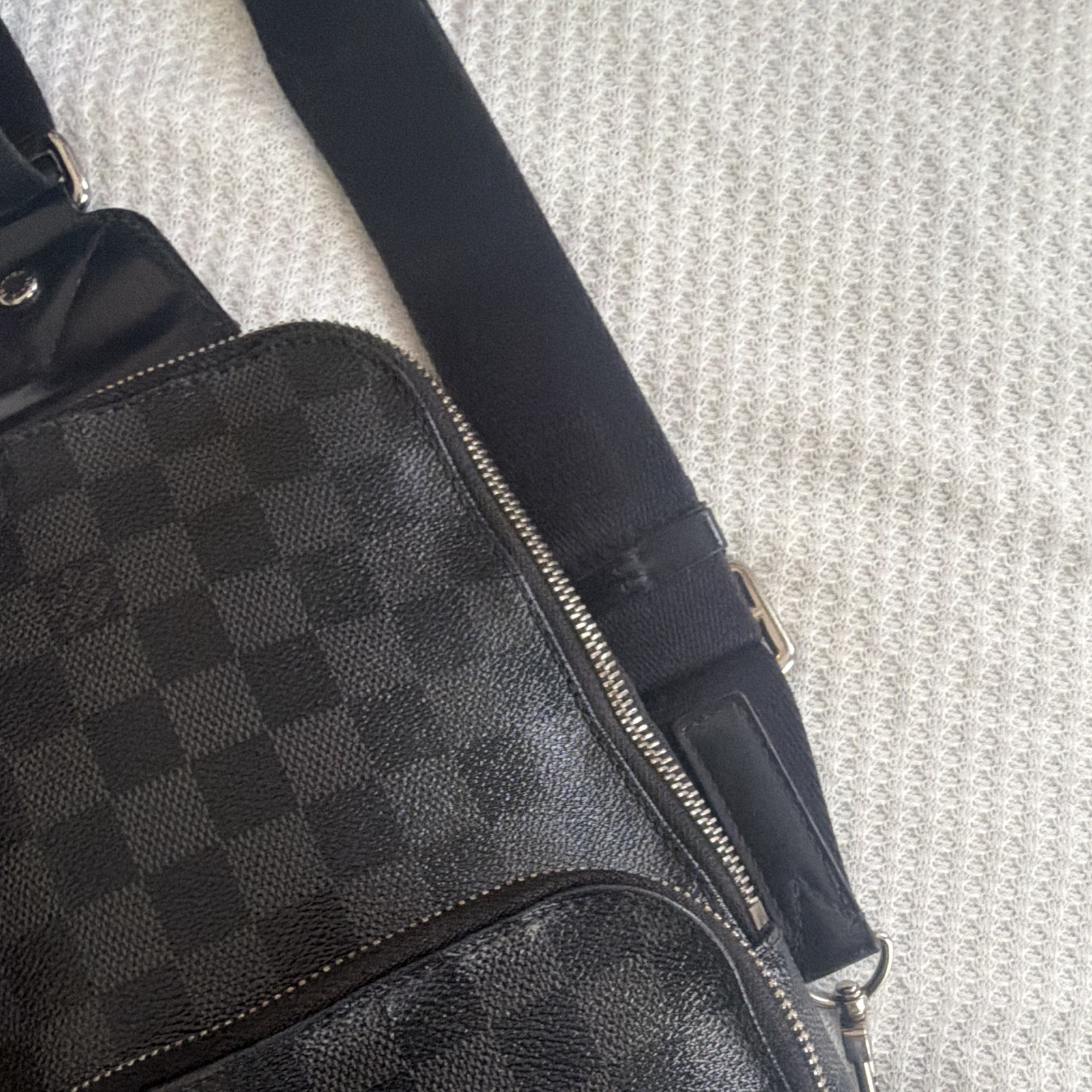 Men’s Black/Gray Checkered Crossbody Sling Bag Adjustable Strap Zip Closure