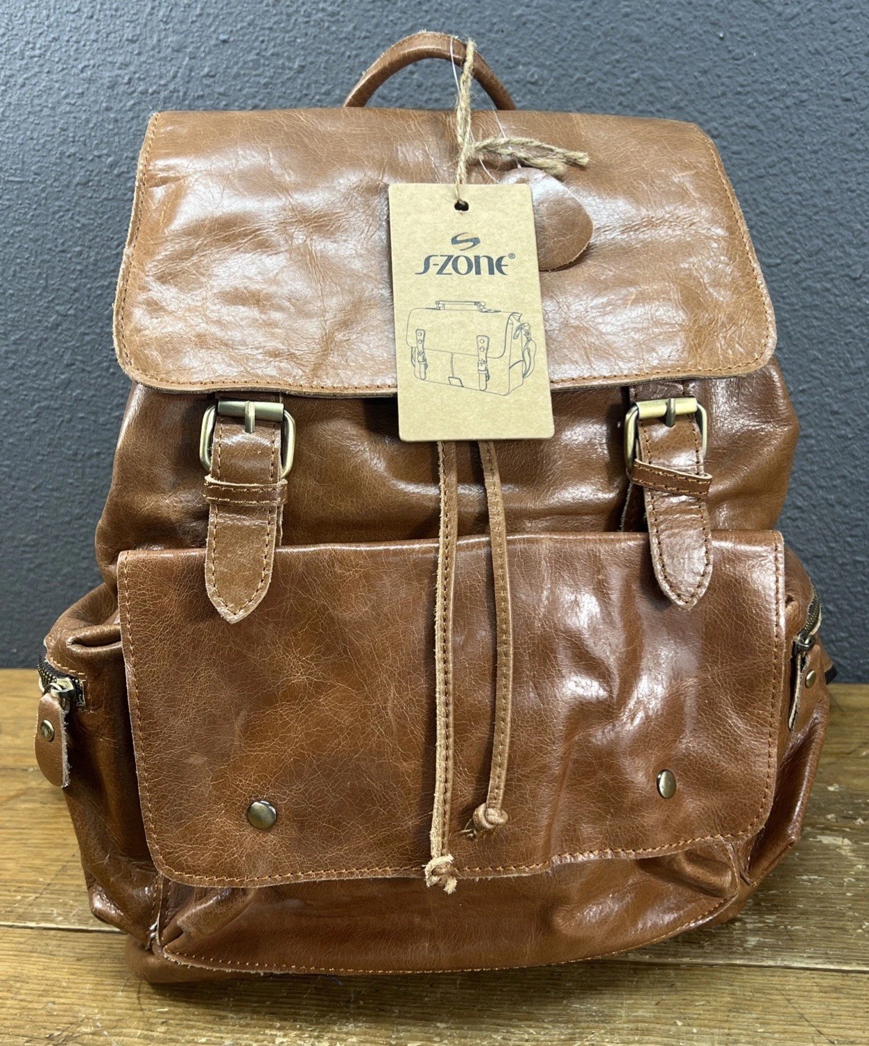 S -Zone Brown Soft Leather Backpack Denim Lining Drawstring Snap Pockets Large