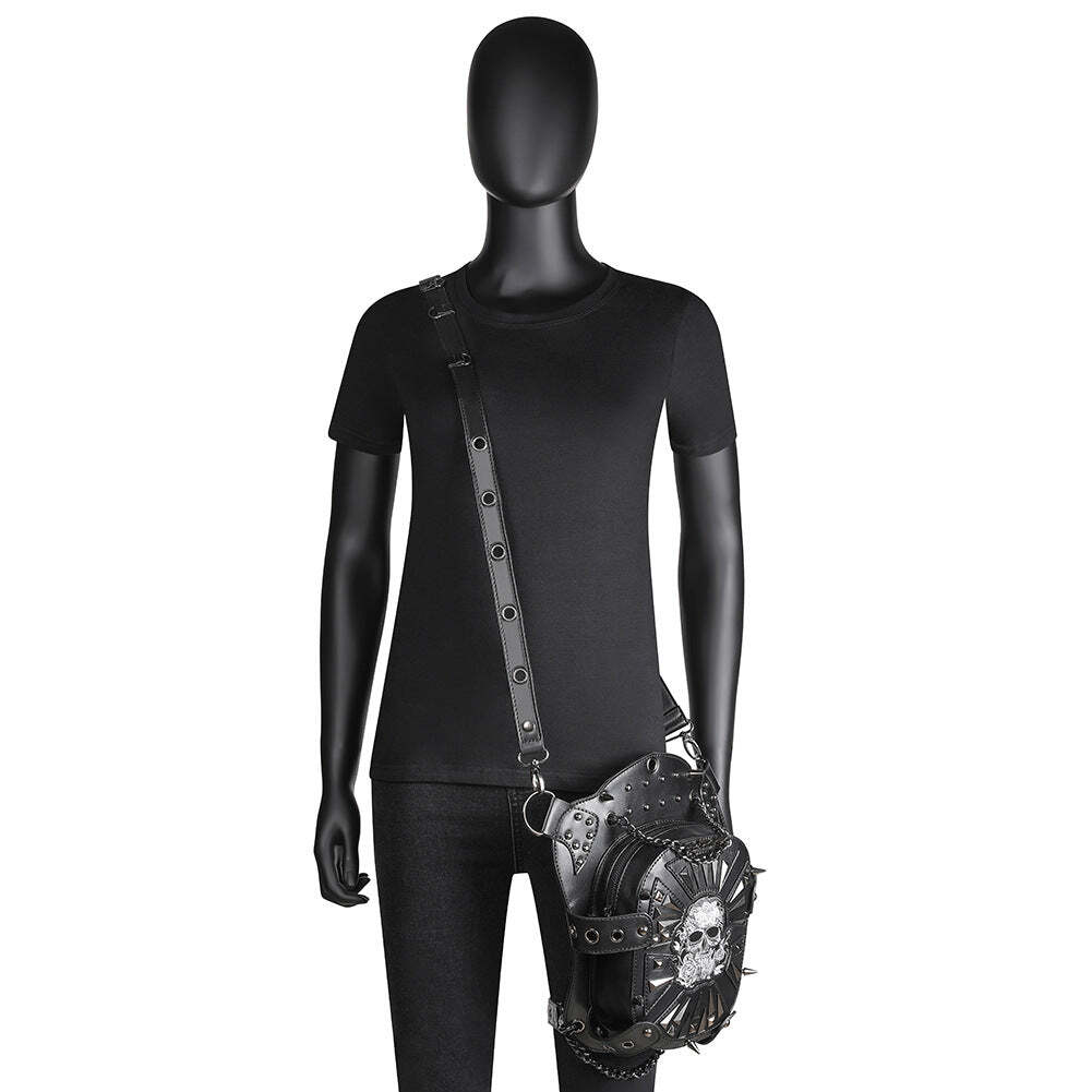 Embroidered Skull Spikes Rivets & Chains Black Leather Backpack