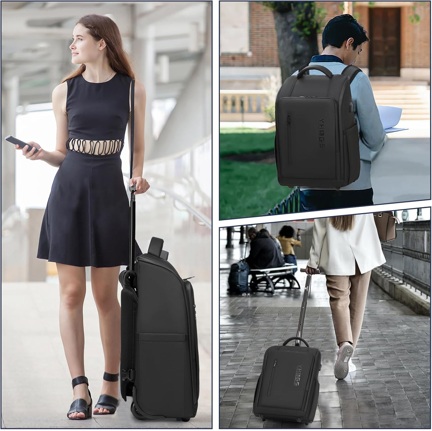 Rolling Backpack with Wheels, Waterproof Wheeled Backpack with USB Ports for Men