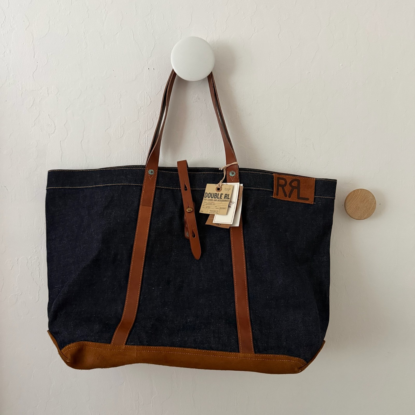 RRL DOUBLE RL Leather & Suede Japanese Indigo Denim Tote Bag Howard Logo NEW