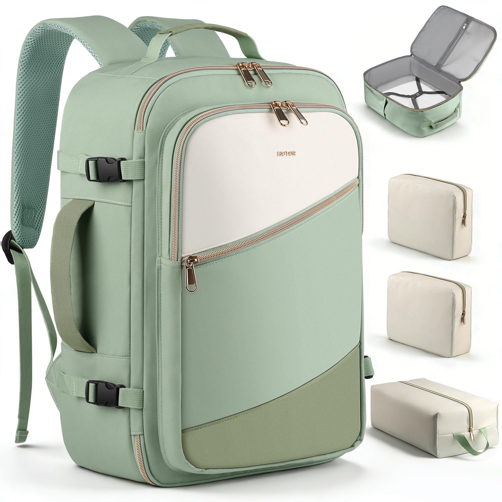 Green Travel Backpack Women TSA Friendly 3 Packing Cubes 17.3×13.0x7.9 Inch