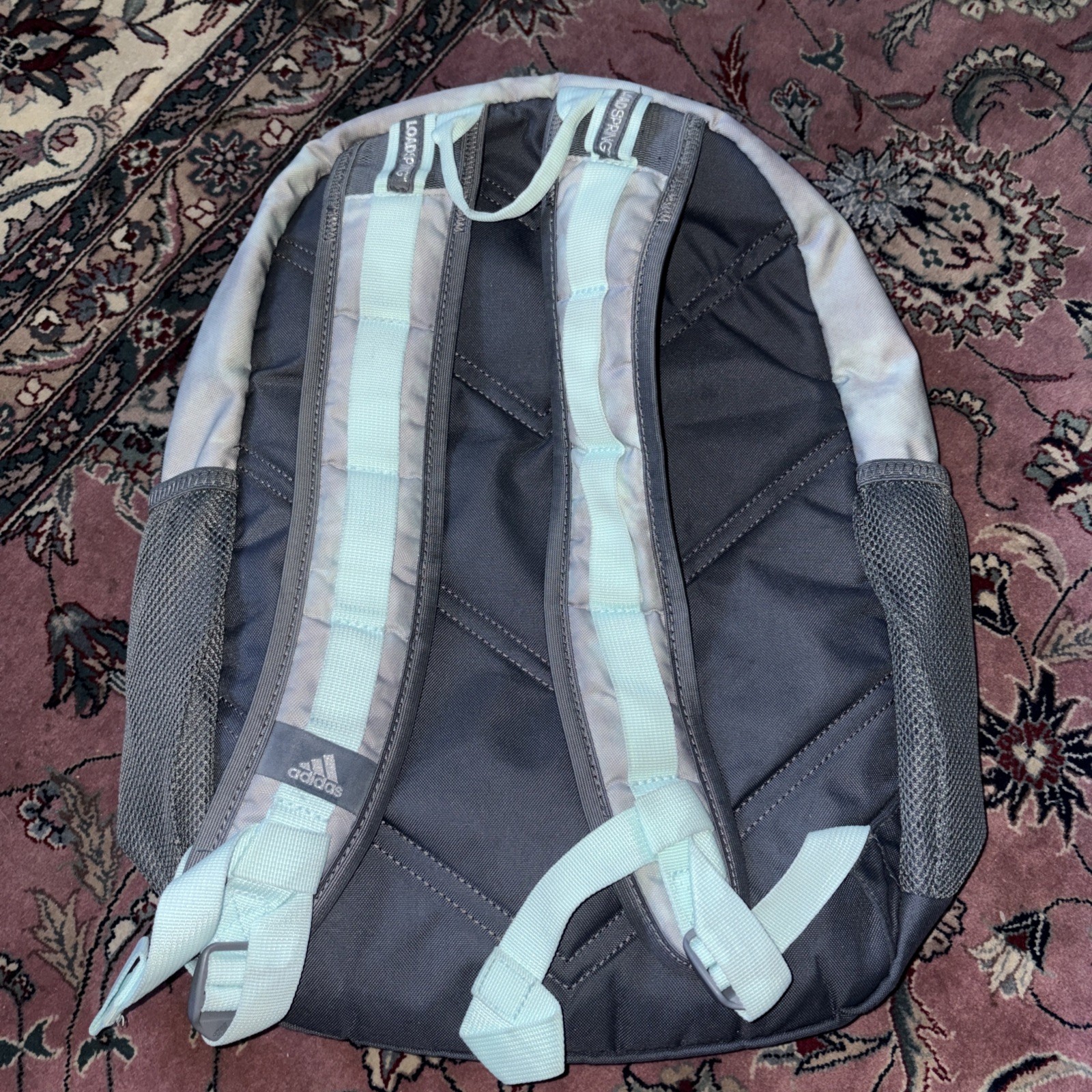 adidas gray/teal backpack load spring straps 4 zipper compartments 2 bottle