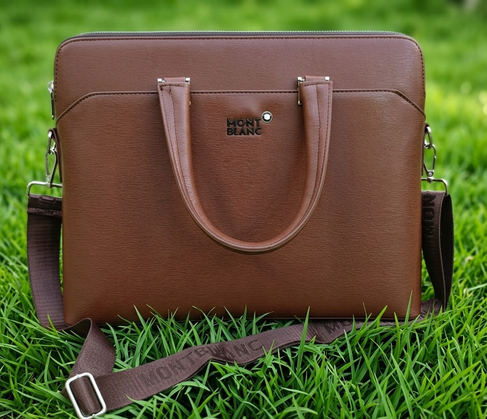 Montblanc Brown Color Leather Briefcase Laptop Bag | Adjustable Strap |Star Logo