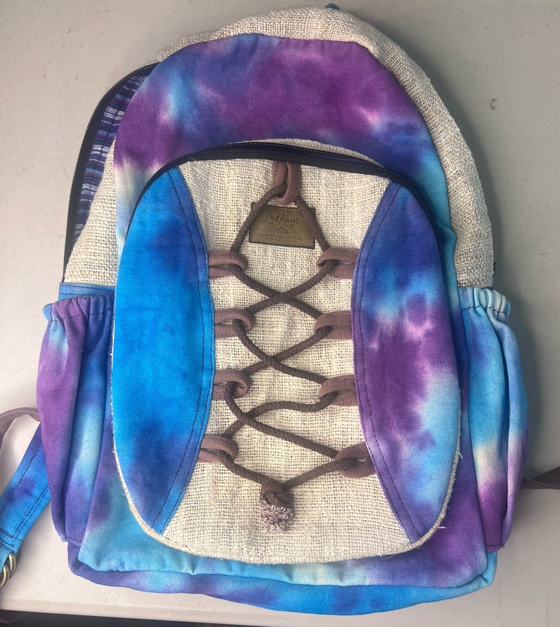 Lahhas Hemp Cotton Tie Dye Backpack Boho Festival Travel School Purple Blue Bag