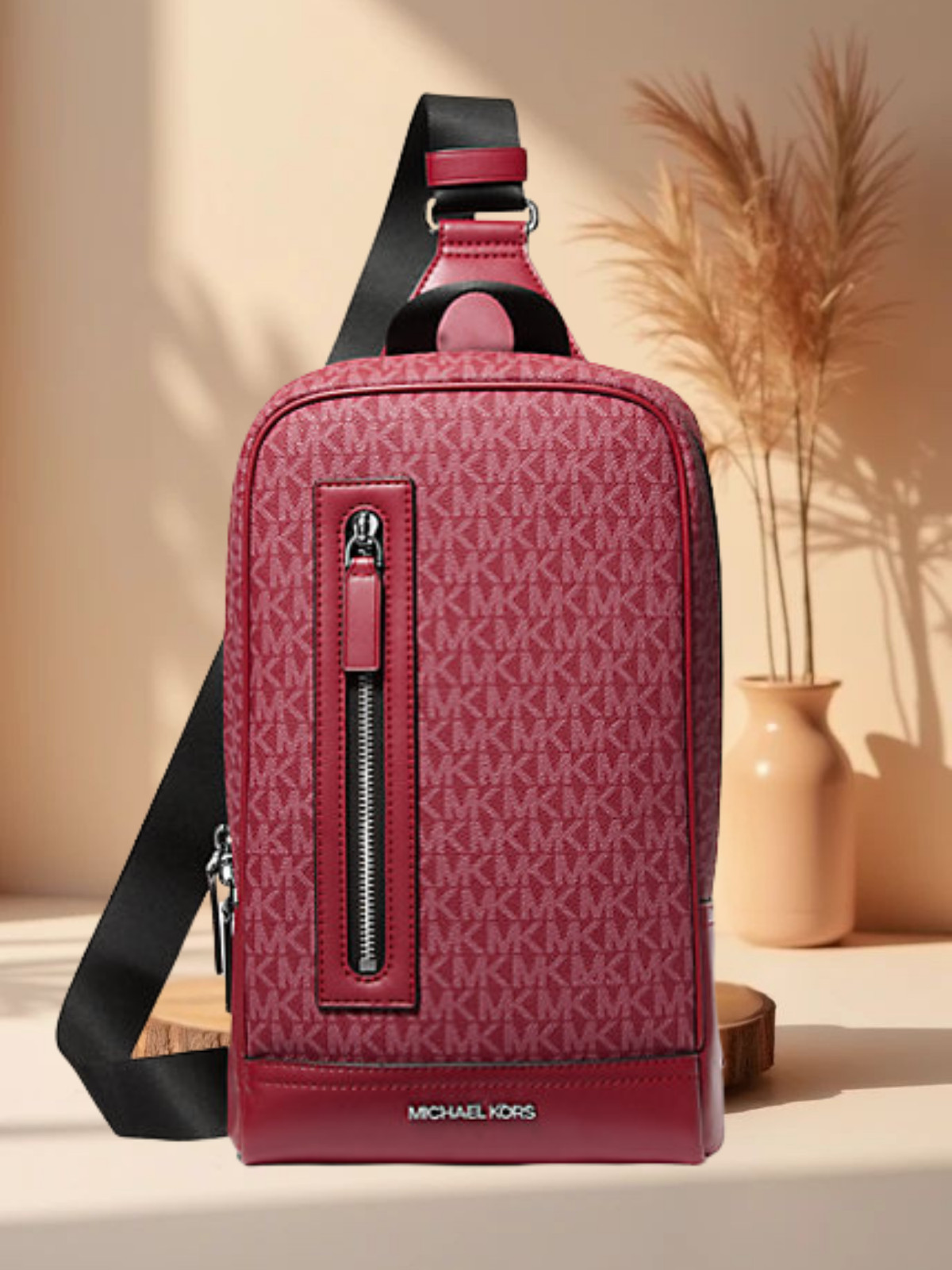 Michael Kors Cooper Men’s MK Logo A Line Sling Pack Bag Crossbody Purse Cherry