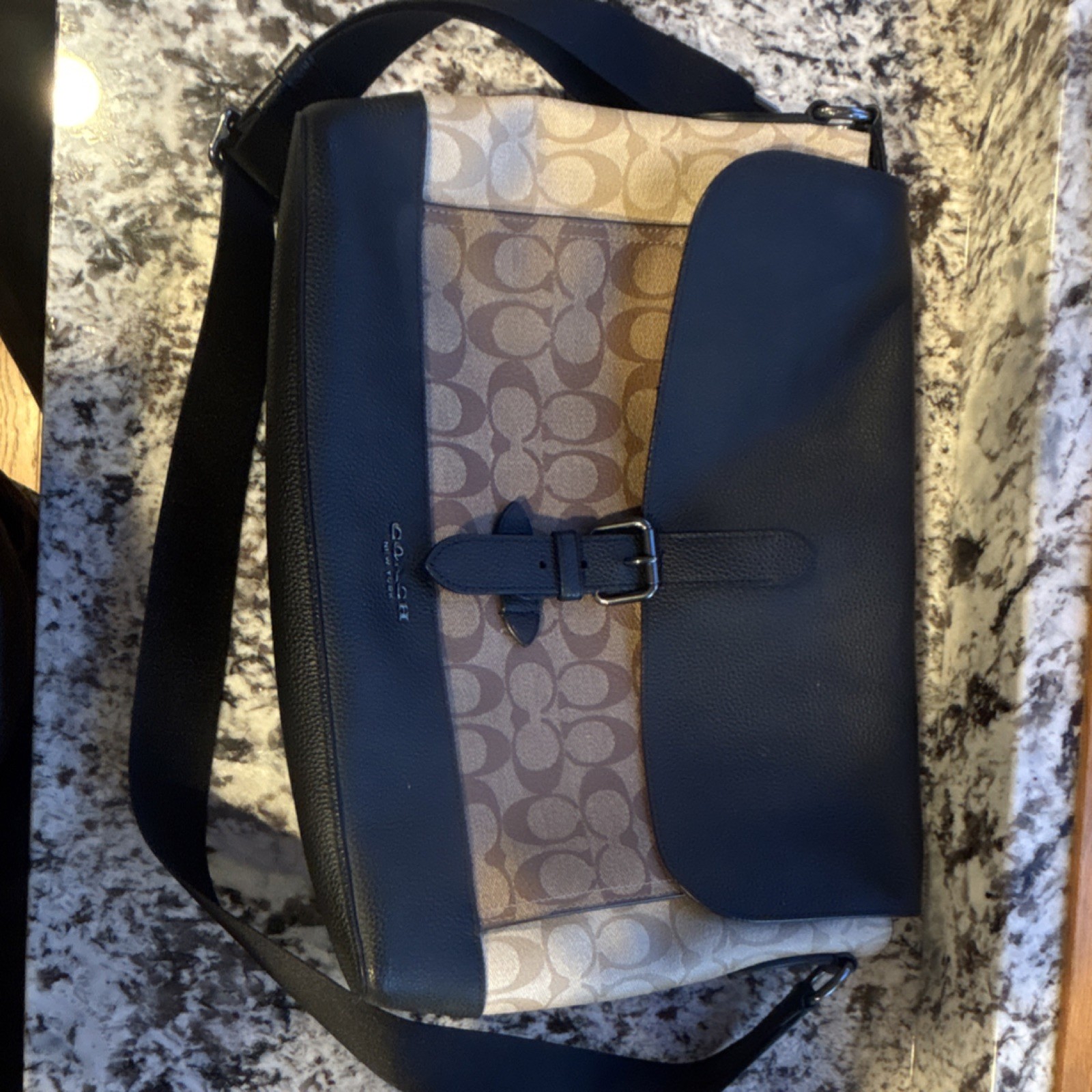 Coach Men’s Messenger Bag Black Brown Beige Signature Logo Buckle Leather Canvas