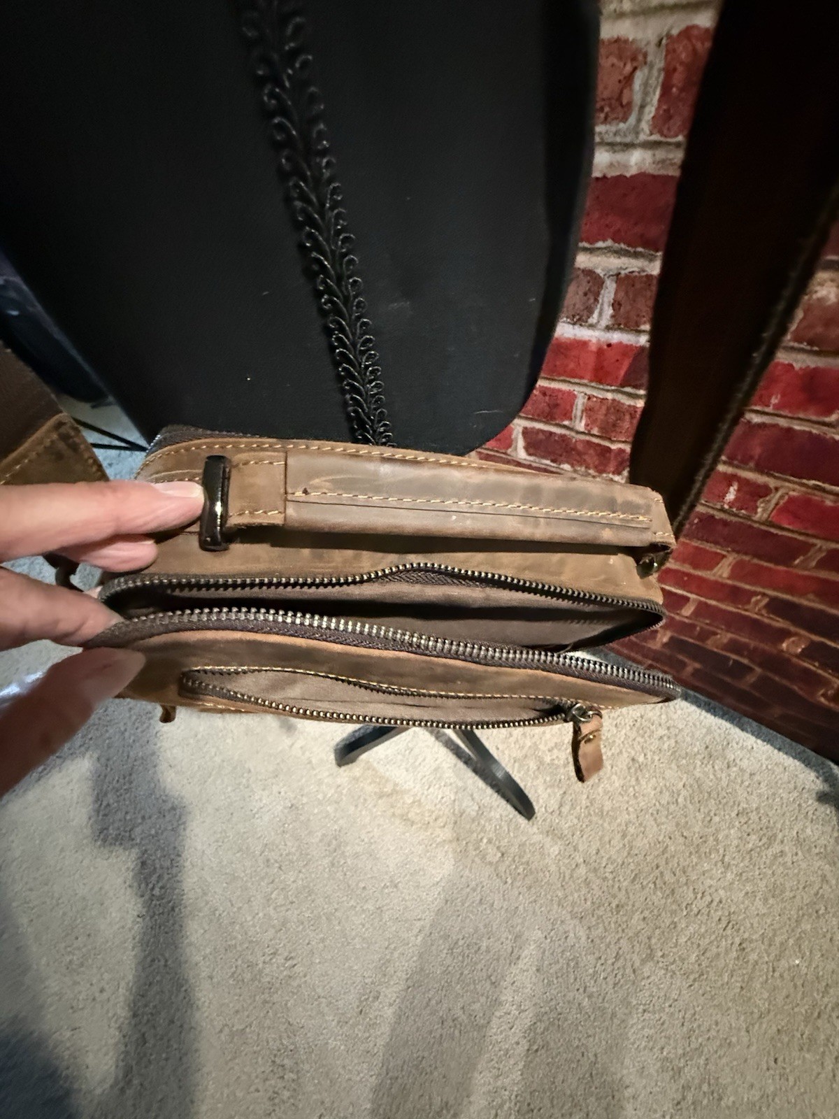 Brown Bomber Leather Crossbody Bag Zip Closure Adjustable Strap Unisex Casual