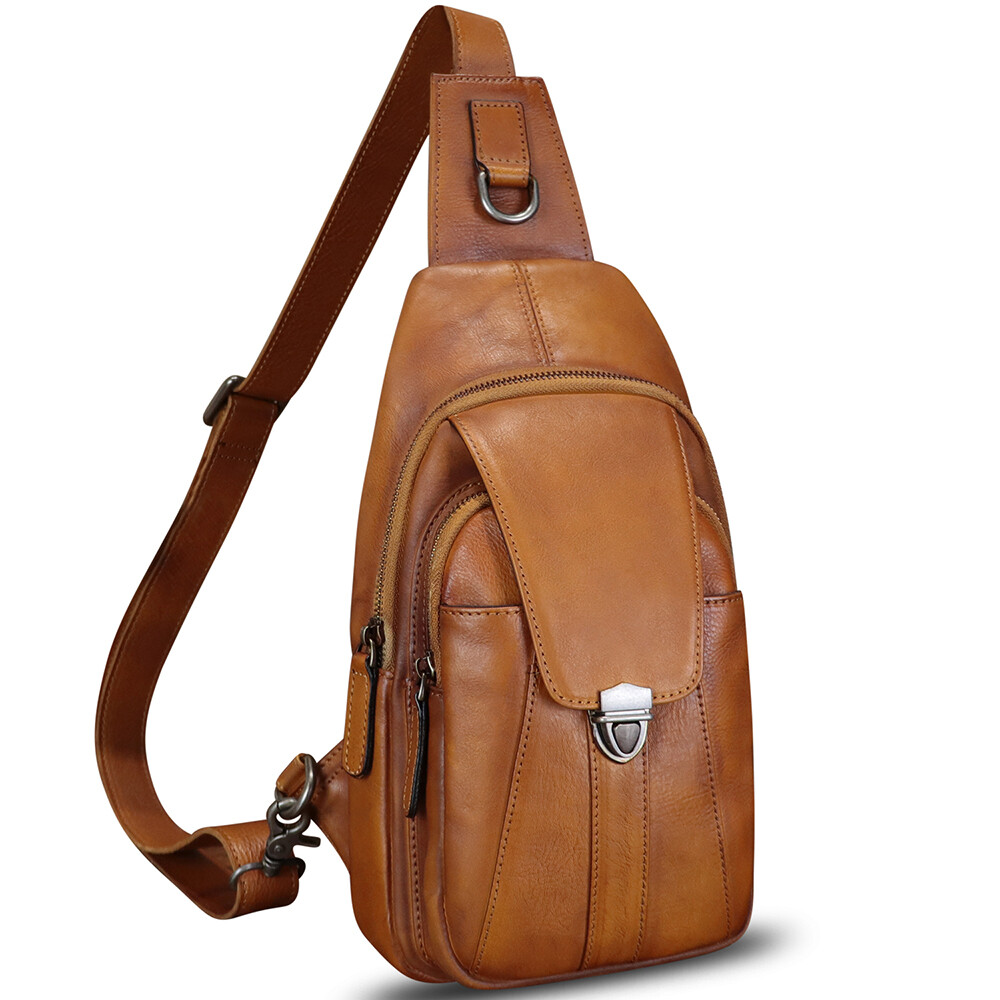 Genuine Leather Sling Bag for Men Women Retro Crossbody Bag Sling Backpack Purse