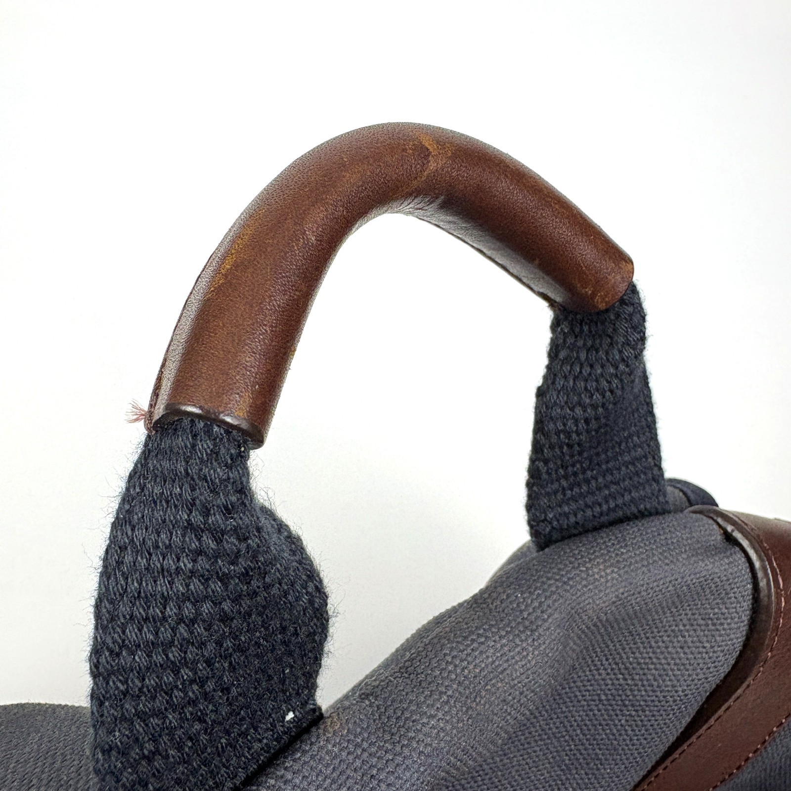 Lands End Waxed Canvas Backpack Navy Blue Leather Straps Padded Outdoors Daypack
