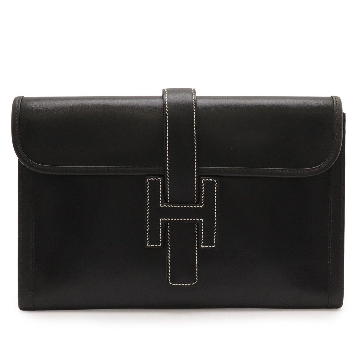 HERMES Jige PM Clutch Bag Leather Black W29cm H19.5cm 290g