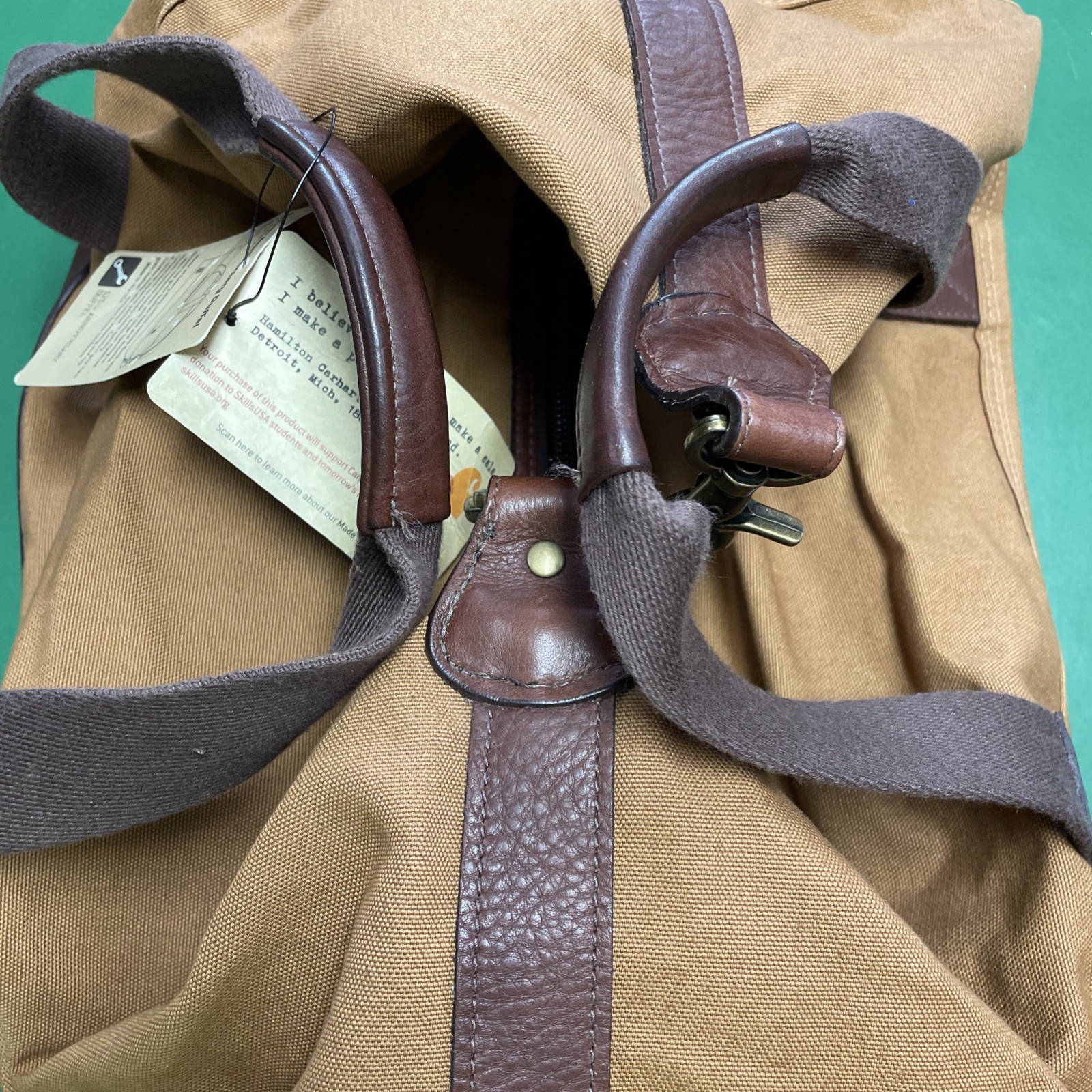 Carhartt Bag Made In USA 125th Anniversary Duffel Duck Leather Brass 18×10.5×10”