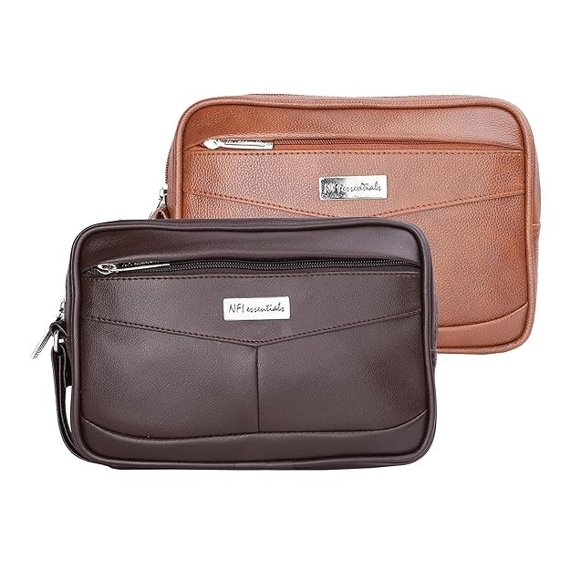 NFI essentials Mens Pouch Multipurpose Leather Toiletry Bag Money Carrying 2pcs