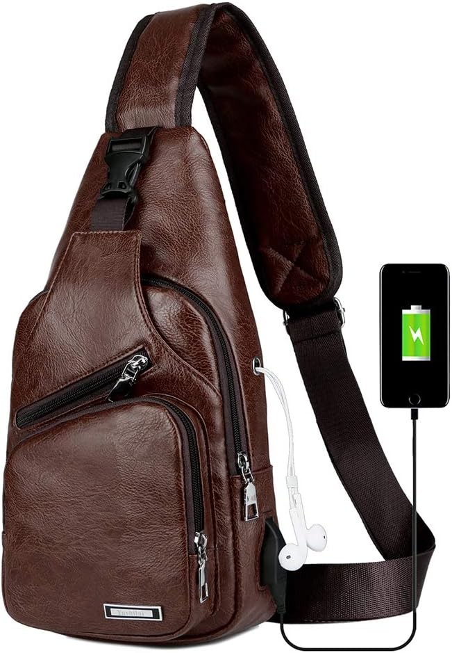 Leather Sling Bag Mens Crossbody Bag Chest Bag Sling Backpack for Men with US…